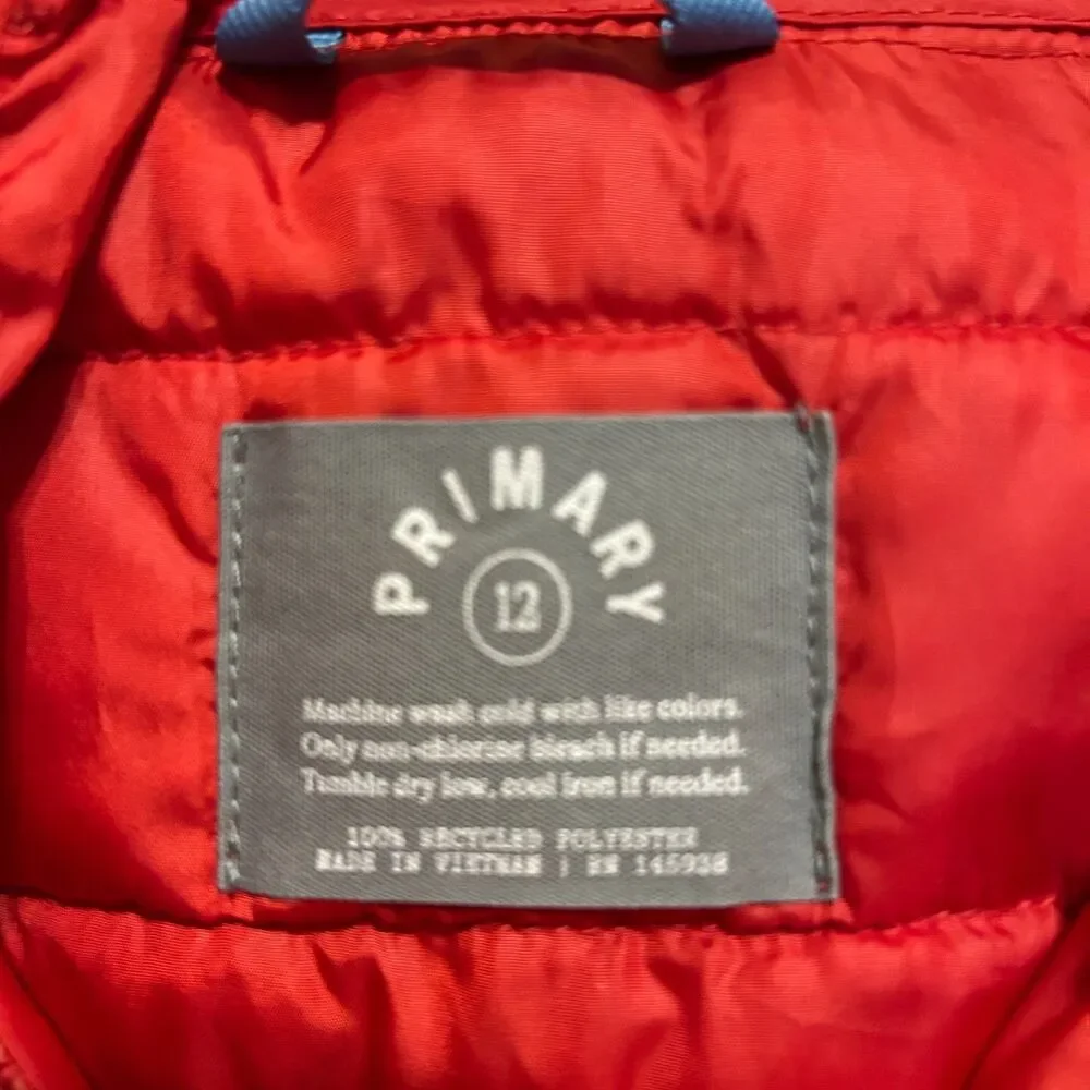 Primary Kids Puffer Jacket Youth Size 12 Red Hooded Light Weight Quilted Puffer